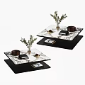 Elegant Modern Marble Coffee Table Set with Lower Shelf and Decorative Plants 3d model