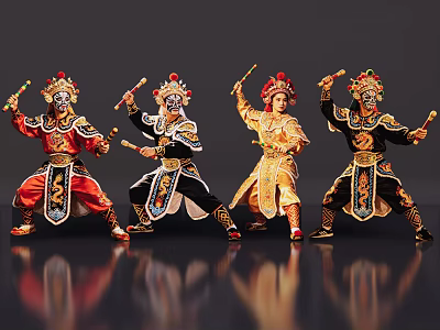 Peking Opera Performers In Traditional Costumes With Props And Dynamic Poses 3d model