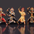 Peking Opera Performers In Traditional Costumes With Props And Dynamic Poses