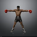 Shirtless Man in Boxing Stance Wearing Red Gloves and Black Shorts