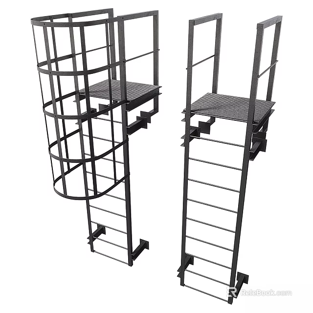 Industrial Metal Spiral And Straight Ladders With Platforms Access Structures 3d model