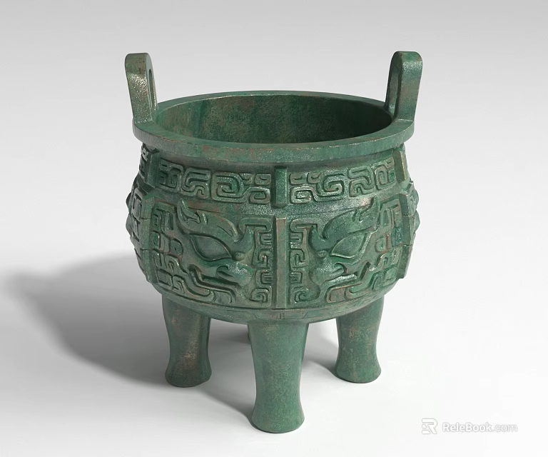 Ancient Bronze Landscape Sculpture With Three Legs Two Handles And Intricate Animal Face Patterns 3d model 
