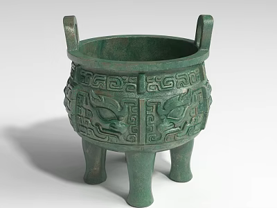 Ancient Bronze Landscape Sculpture With Three Legs Two Handles And Intricate Animal Face Patterns 3d model