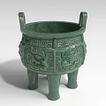 Ancient Bronze Landscape Sculpture With Three Legs Two Handles And Intricate Animal Face Patterns
