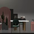 Elegant Beauty Display Setup With Pink Arched Grid Gray Steps Mirror Chair And Cosmetics