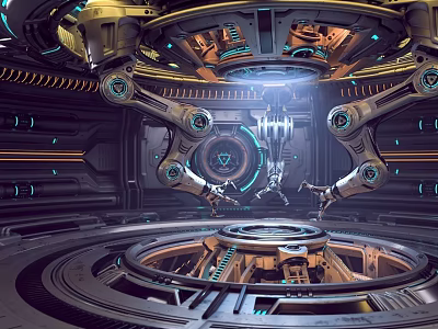 Cartoon Sci Fi Control Room Featuring Mechanical Arms Circular Platform Glowing Interfaces And Blue Lights 3d model