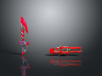 Red Melee Spear And Ranged Gun Weapons With Reflective Surface And Detailed Design 3d model