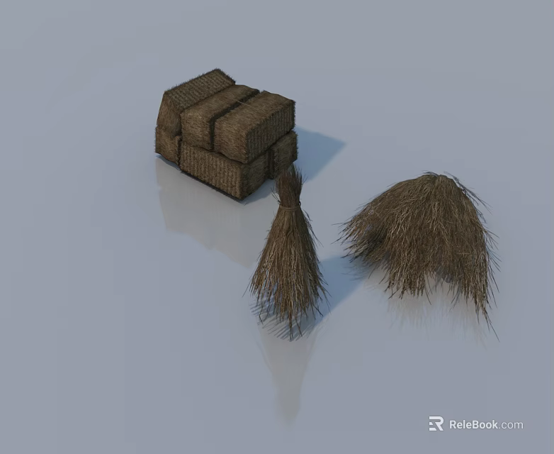 Rustic Straw Bales And Handmade Brooms Display On Smooth Reflective Background 3d model 