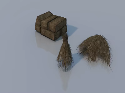 Rustic Straw Bales And Handmade Brooms Display On Smooth Reflective Background 3d model