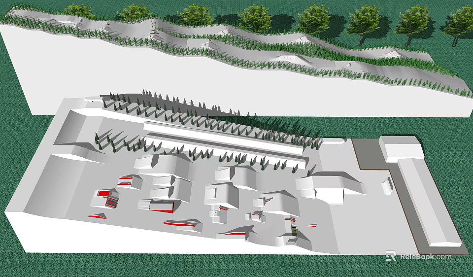 Modern Sports Fitness Facility Design With Running Track Seating And Green Areas 3d model 