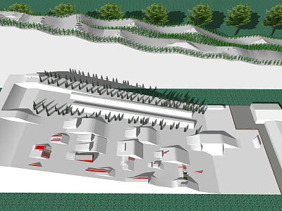 Modern Sports Fitness Facility Design With Running Track Seating And Green Areas 3d model