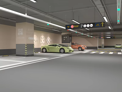 Well Lit Parking Lot With Parked Cars And Directional Area Signs 3d model