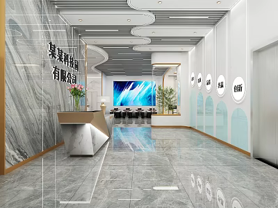 Modern Beauty Hair Salon Interior Design With Marble Walls Front Desk And Green Plants 3d model