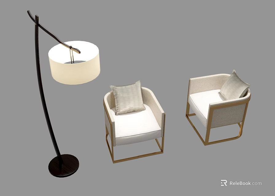 Two Modern Leisure Chairs with Wooden Frame Light Upholstery and Floor Lamp 3d model 