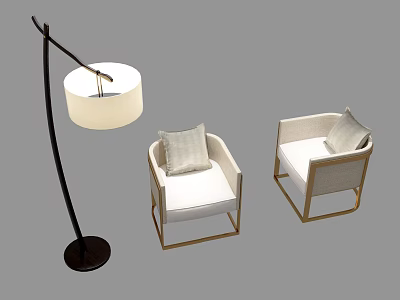 Two Modern Leisure Chairs with Wooden Frame Light Upholstery and Floor Lamp 3d model