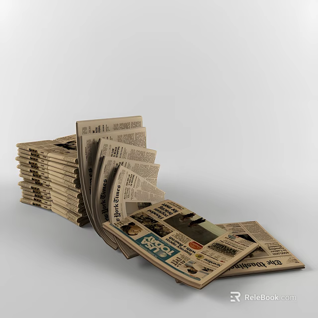 Stack Of Newspapers With Spread Pages Showing News Articles And 3d model 
