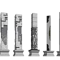 Various Decorative Stone Columns With Intricate Carvings And Ornate Bases