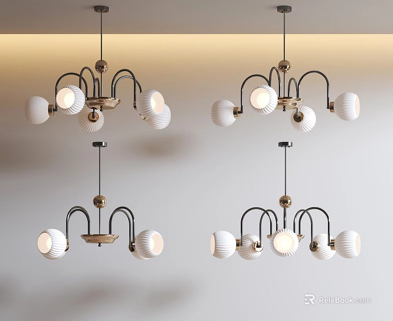 Modern Multi Bulb Pendant Lighting Fixture Set With Brass Metal Frame And White Shades 3d model 