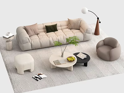 Modern Living Room Sofa Coffee Table Set With Armchair Ottoman Floor Lamp And Green Plant 3d model