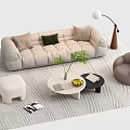 Modern Living Room Sofa Coffee Table Set With Armchair Ottoman Floor Lamp And Green Plant