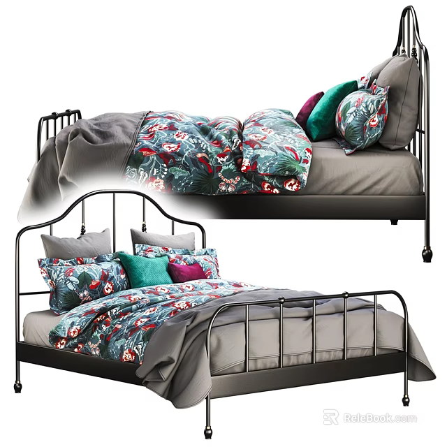 Double Bed With Black Metal Frame Floral Quilt And Colorful Pillows 3d model 