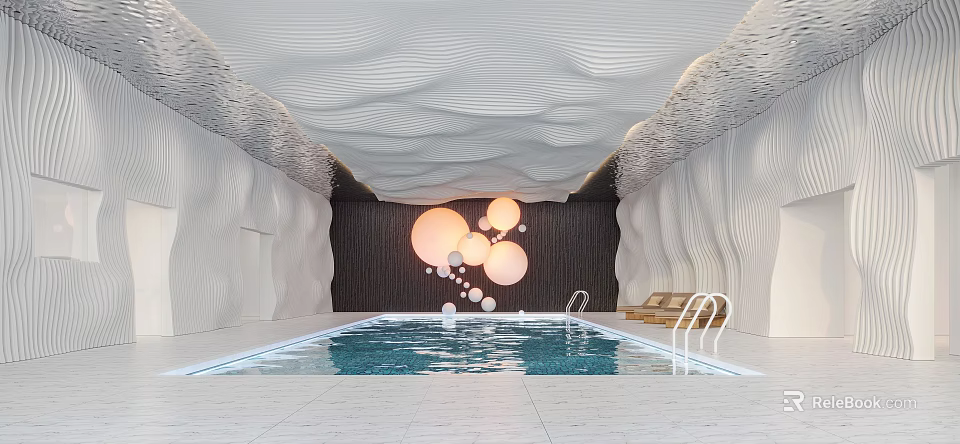 Modern Indoor Swimming Pool With Wavy White Ceiling Circular Pendant Lights And Lounge Chairs 3d model 