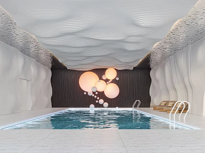 Modern Indoor Swimming Pool With Wavy White Ceiling Circular Pendant Lights And Lounge Chairs 3d model