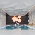Modern Indoor Swimming Pool With Wavy White Ceiling Circular Pendant Lights And Lounge Chairs