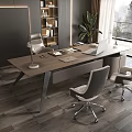 Modern Office Desk Interior With Wooden Top Laptop Lamp And Green Plant