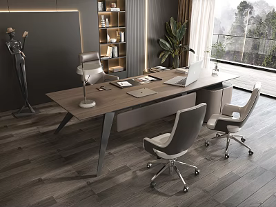 Modern Office Desk Interior With Wooden Top Laptop Lamp And Green Plant 3d model