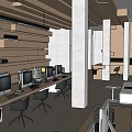 Modern Public Office Space With Open Layout Workstations Computers And Wooden Elements 3d model