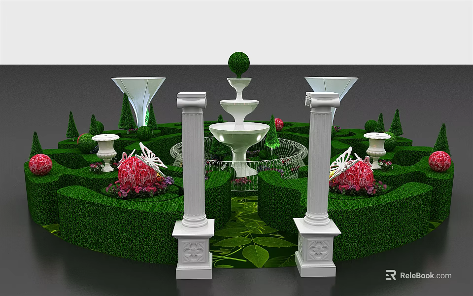 Playground Equipment in Landscaped Garden with Green Hedges White Columns Fountain and Pink Flowers 3d model 