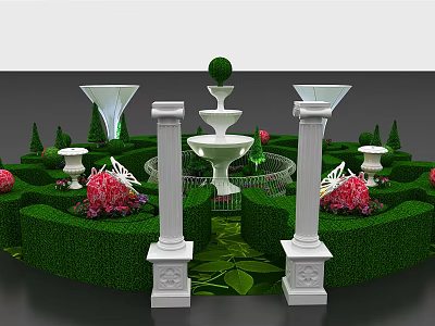 Playground Equipment in Landscaped Garden with Green Hedges White Columns Fountain and Pink Flowers 3d model