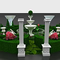 Playground Equipment in Landscaped Garden with Green Hedges White Columns Fountain and Pink Flowers