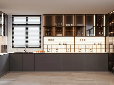 Modern Kitchen Interior With Dark Cabinets Glass Door Upper Cabinets And Window Blinds 3d model