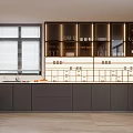 Modern Kitchen Interior With Dark Cabinets Glass Door Upper Cabinets And Window Blinds