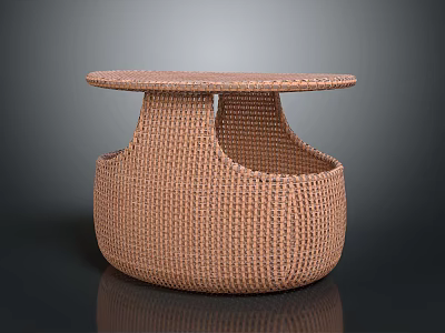 Rattan Round Side Table With Woven Design And Lower Storage Compartment 3d model