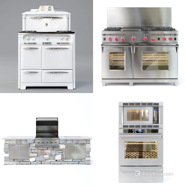 Stainless Steel Built In Kitchen Appliances Including Gas Stoves Ovens And Wine Coolers 3d model 