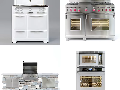 Stainless Steel Built In Kitchen Appliances Including Gas Stoves Ovens And Wine Coolers 3d model