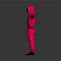 Person In Neon Pink Jumpsuit With Hood Circular Opening Arms Outstretched Against Gray Background