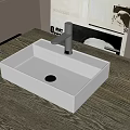 Modern White Square Washbasin With Gray Faucet On Dark Countertop And Decorative Painting