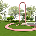 Park Landscape Featuring Pink Arch Structure Circular Path Green Lawn Trees Blue Sky White Clouds 3d model