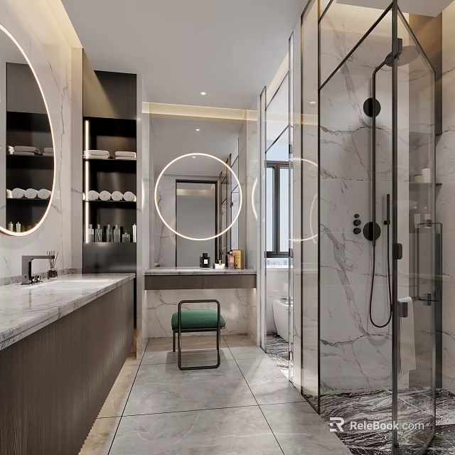 Elegant Modern Bathroom Interior Design With Marble Countertops Round Mirror And Shower Enclosure 3d model 