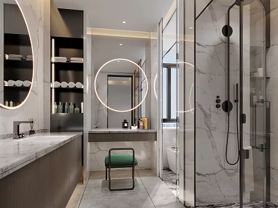 Elegant Modern Bathroom Interior Design With Marble Countertops Round Mirror And Shower Enclosure 3d model