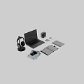 Sleek Laptop On Black Desk With Headphones Notebooks Smartphone Clock And Mouse