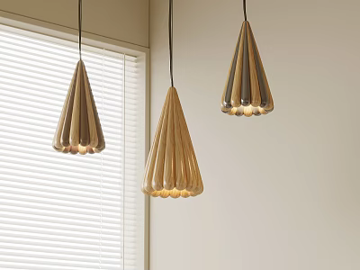 Three Conical Pendant Lights With Striped Design And Golden Finish In Room Near Window Blinds 3d model