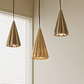 Three Conical Pendant Lights With Striped Design And Golden Finish In Room Near Window Blinds