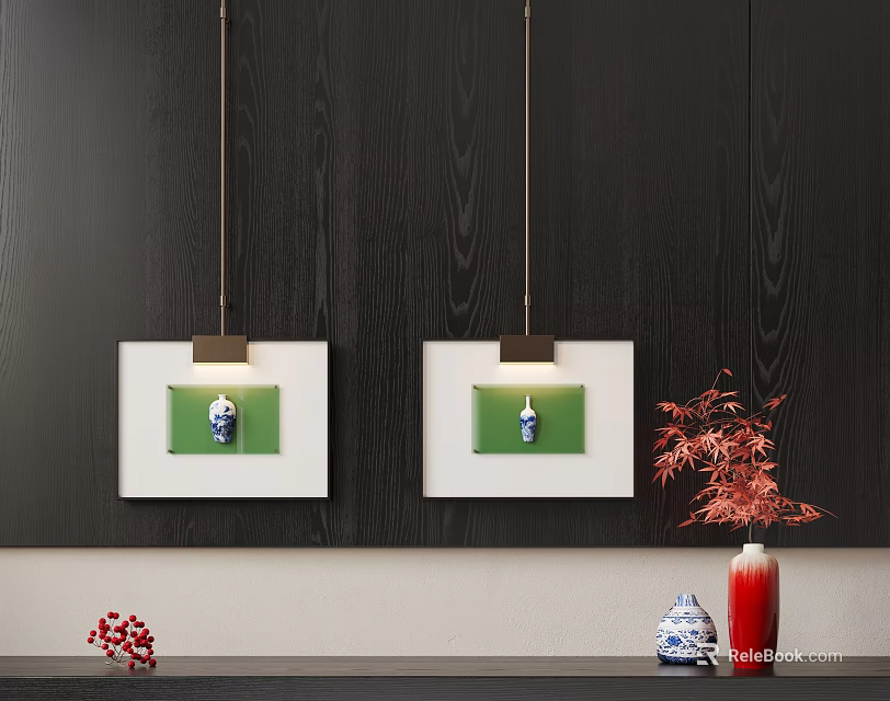 Modern Interior With Framed Artworks Pendant Lights Red Maple And Blue Vases 3d model 
