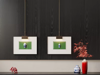 Modern Interior With Framed Artworks Pendant Lights Red Maple And Blue Vases 3d model