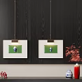 Modern Interior With Framed Artworks Pendant Lights Red Maple And Blue Vases